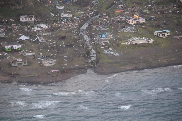 Aerial photograph of the destruction on Koro Island. The photo was taken by the NZ Defense Forces and published by the Fijian government February 24th, 2016.