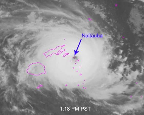 Satellite image of Cyclone Winston directly over the island of Naitauba.