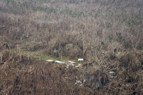 Aerial photograph of the Naitauba farm buildings and surrounding trees stripped of leaves. The photo was taken by the NZ Defense Forces and published by the Fijian government February 24th, 2016.