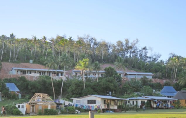 New school / cyclone-refuge under construction at higher elevation at Ciqomi on Naitauba Island.