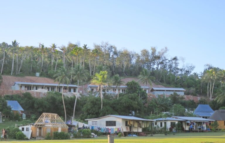 New school / cyclone-refuge under construction at higher elevation at Ciqomi on Naitauba Island.