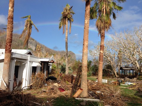 Storm debris at the Matrix temple complex on Naitauba.