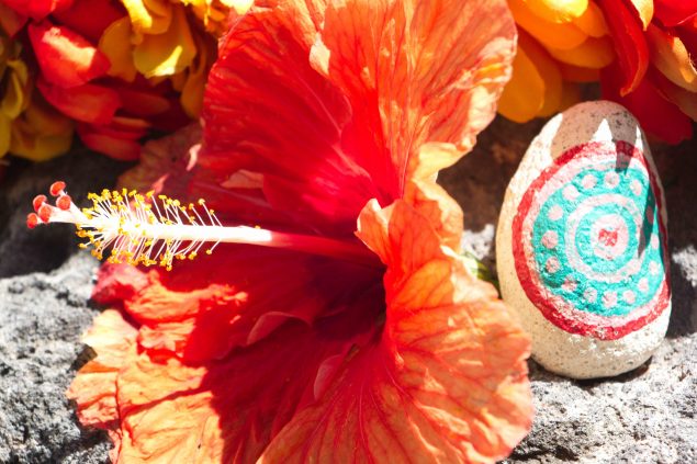 Flower and painted stone decorations